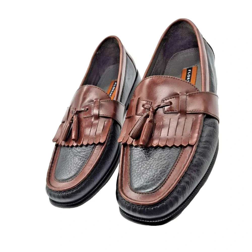 Florsheim Men's 9.5 D Two Tone Black & Brown Leather Kiltie Tassel Loafers Shoes